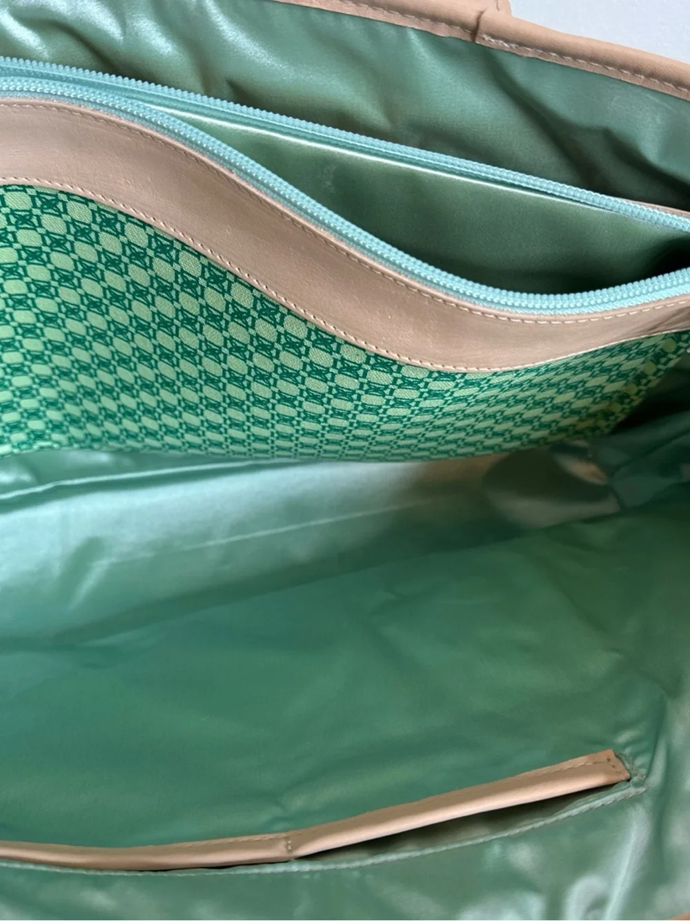 Dominie Green Patterned Tote with Tan Trim and Straps
